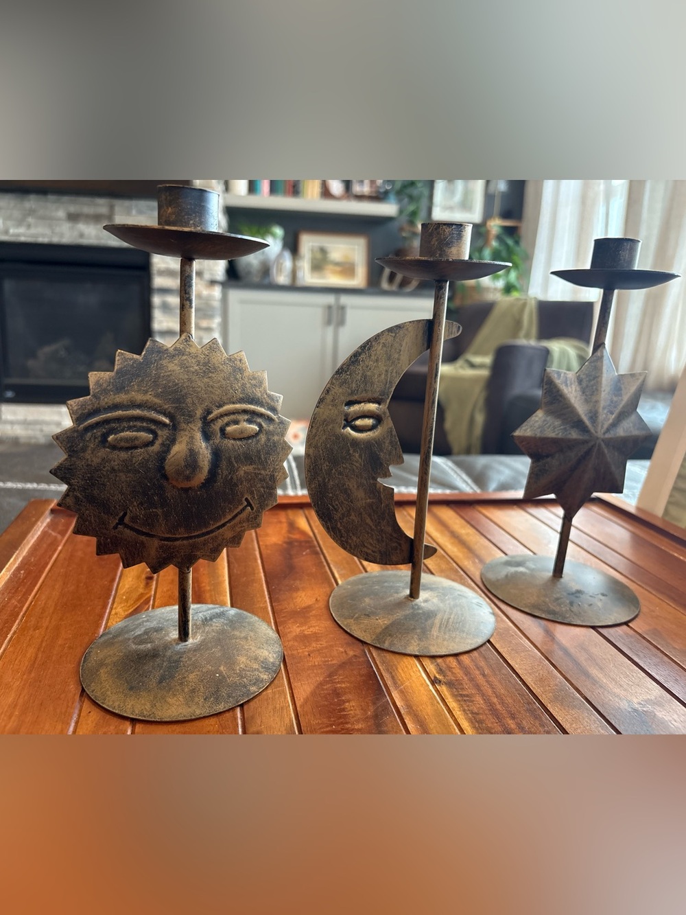 Set Of 3 1990s Style Celestial Metal Taper Candle Holders Sun Moon Star Vintage